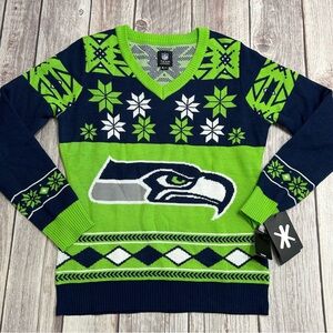 Seattle Seahawks NFL Holiday Winter Ugly V Neck Sweater Women’s XL NWT